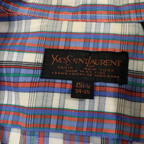 Vintage Yves Saint Lauren Shirt Mens M Medium Plaid Button Up Long Sleeve - Picture 3 of 9